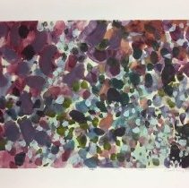 Abstract artwork with patches of dark mauve, green, blue, purple and white