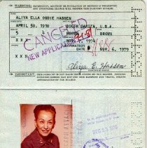 Interior passport page showing image of donor in sepia tone