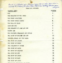 Typed table of contents list with handwritten note in blue ink