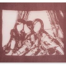 stretched fiber etching showing 3 lounging women's silhouettes