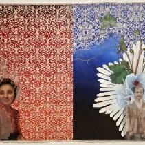 Painting primarily in red and blue with filigree and collage images