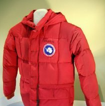 Red down jacket with Antartica patch