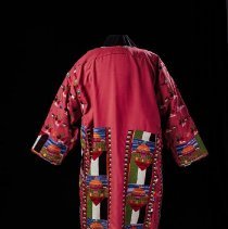 Back of long red dress with modern Palestinian embroidery