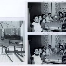 Black & white photographs of people at table & soldier on steps