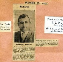 Newspaper clipping of BK Forzley after a trip to Syria 1933