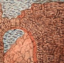 Detail of ink painting with rubber stamps