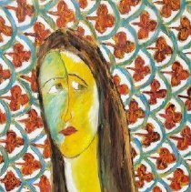 3/4 portrait of woman with green eyes & red dress