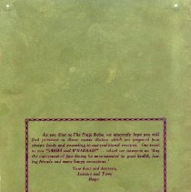 Back cover of gold menu with purple text in box with border