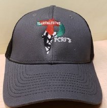 Grey hat with embroidered logo in red, gree, white and black