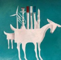 Color painting of white goat w windmill, candlestick & towers on its back