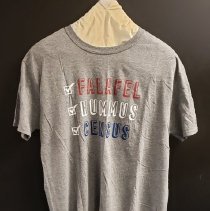 Grey shirt with red, white and blue printing