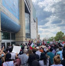 a) Color photo of protestors at AANM