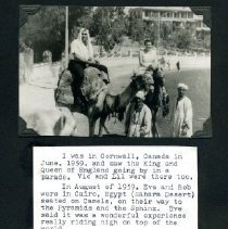Scan from scrapbook of photos (couple on camels) and note