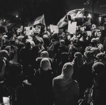 Black and white image of crowd with Palestinian & Puerto Rico flags