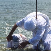 Color photo of baptism in large body of water