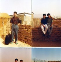 Four color photos three with men standing facing the camera, one of a camp