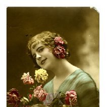 [Young woman holding roses]