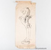 [Drawing - furniture leg with lion's head and claw foot]