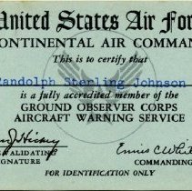Randolph Johnson Ground Observer Corps Card