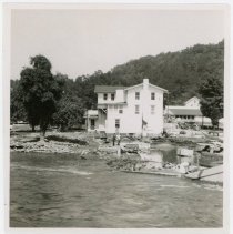Shepaug River & Parks Drug Store from School St. after the Flood of 1955