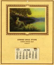 Calendar from Erwins' Drug Store, June 1937, with copy of painting of man w