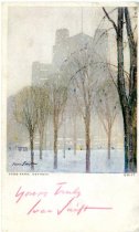 Postcard of a drawing of Cass Park in Detroit by Ivan Swift