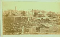 Fire of 1888 end of RR tracks with RR car, Universalist Church