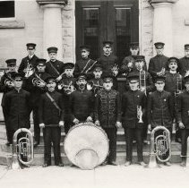 Fergus Brass Band in front of library in Fergus; original taken 1915.