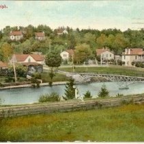 Footbridge over Speed River in Guelph, postcard, 1911.