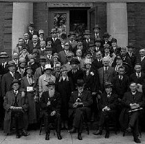 Mount Forest Confederate Diamond Jubilee Luncheon Party, Mount Forest, delegates from Wellington County and Dufferin County Press Association; names listed on reverse of photo,  1927.