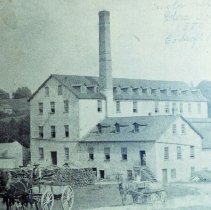 Woolen mill with wood in foreground, Elora, ca. 1892.