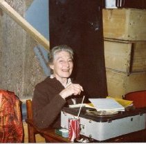 ph 11199 Pat Chataway at tape recorder, ca.1987