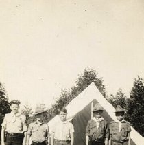Five Fergus Boy Scouts in front of tent, 1932