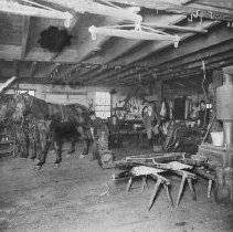 Blacksmith inside Sandy Cutherbert's blacksmith shop, Elora, ca. 1900.
