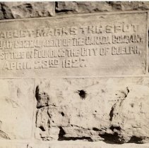 Plaque commemorating founding of Guelph by John Galt in 1827, ca.1940.