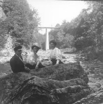 3 people in Elora Gorge, ca.1910.