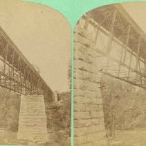 Railway trestle bridge in Indiana, stereograph, ca. 1865.