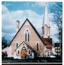 Exterior of St. John's Anglican Church, Elora and communion set given to Rev. John Smithurst, ca.1965