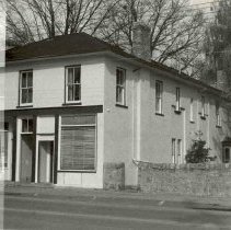 Connon block and stone wall, Geddes Street, Elora, Ontario, ca.1960.