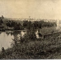 View of Monkland Mills in Fergus, Ontario looking west from West Garafraxa Twp., ca. 1865