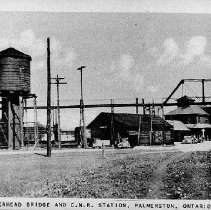 Canadian National Railway Station and bridge, Palmerston, ca. 1930.