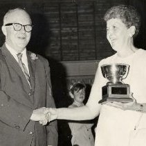 Mrs. Kells receving Elwood Davidson trophy at Alma, Elora, Salem Horticultu