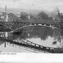 Metal footbridge over Speed River in Guelph, Ontario, postcard, 1909.