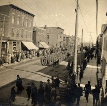 Soldiers marching on Main St. Arthur, ca. 1914-1918.