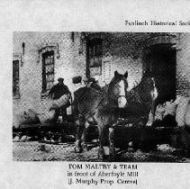 Tom Maltby and team of horses in front of Aberfoyle Mill, Puslinch Twp. ca.