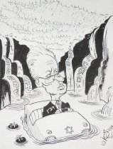 [Yitzhak Rabin driving a sinking car]