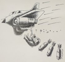 [Bomber dropping a pilot and three missiles]