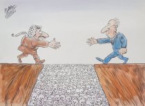 [Yasser Arafat and Shimon Peres attempting to shake hands over a gulf of skeletons]