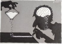 [Man snorting drugs through a straw, path leads from plastic bag through the straw, up to his brain]