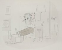 [Cigarette burns hole through man's newspaper]